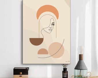 stampa boho line art di donne, stampa astratta minimalista di donne, disegno di un volto in terracotta, stampa moderna dai toni neutri, poster minimalista beige