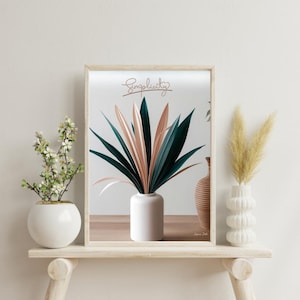 Póster de simplicidad, póster minimalista moderno, estampado de hojas verdes rosas, decoración botánica bohemia, obra de arte neutra relajante, estampado de plantas modernas en tonos pastel