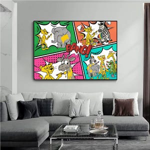funny animal comic print, colorful cartoon jungle poster, pop art animal painting print, kids room jungle wall decor, playroom cartoon print