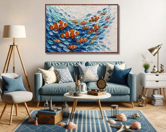 Downloadable PNG digital file of an ocean artwork depicting a family of clownfish surrounded by fish