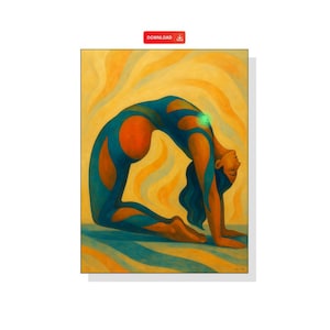 Könnte beinhalten: Künstlerisches Gemälde einer Person in einer Yoga-Pose, mit durchgebogenem Rücken. Die Figur trägt einen blau-orangenen Body vor einem gelb-blauen Hintergrund. Das Bild hat eine Download-Schaltfläche.