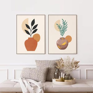 Pósteres de jarrones modernos en dúo, arte mural con jarrones bohemios, láminas decorativas japonesas, póster de plantas de terracota, arte mural en tonos tierra, decoración escandinava para el hogar.