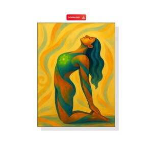 Könnte beinhalten: Abstrakte Malerei einer Person in einer Yoga-Pose, mit über den Kopf ausgestreckten Armen und zurückgeneigtem Kopf. Die Figur ist mit blauen, grünen und orangefarbenen Streifen auf gelbem Hintergrund gemalt. Das Kunstwerk weckt ein Gefühl von Frieden und Wohlbefinden.