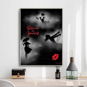 Believe in Yourself Motivational Poster, Elegant Shadow Art Print, Mystical Feminine Silhouette Wall Decor, Vintage Noir Aesthetic Print