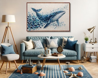 Downloadable PNG digital file of an ocean artwork depicting a majestic whale surrounded by fish
