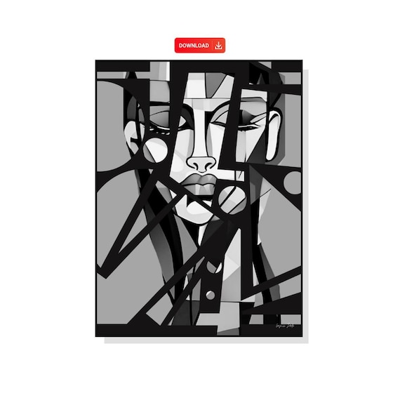 Black and White Cubist Poster, Abstract Woman Painting, Geometric