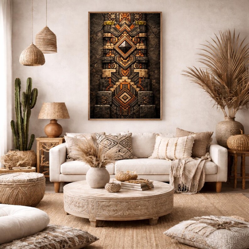 May include: A framed artwork with a geometric design in brown, orange, and grey tones hangs above a white sofa. The room is decorated in a bohemian style with natural textures, including a woven rug and decorative cushions.