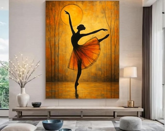 Downloadable PNG digital file of a ballerina dancing in a golden and orange natural setting.