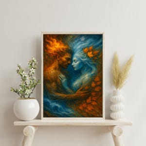 Arte d'amore autunnale e invernale, abbraccio stagionale elementare, poster di coppia fuoco e gelo, stampa di equilibrio stagionale sacro, opera d'arte d'amore mitologica