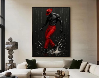Downloadable PNG digital file of a textured black and red artwork of a silhouette of a dancer inspired by Michael Jackson.