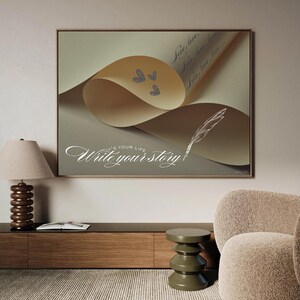 stampa ispiratrice, poster con citazione motivazionale, stampa scrivi la tua storia, arte tipografica moderna, tela per ufficio accogliente, stampa con citazione calligrafica
