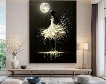 Downloadable digital PNG file of a sensual female silhouette under the full moon in a black and white painting explosion