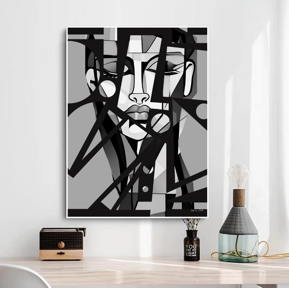 Black and White Cubist Poster, Abstract Woman Painting, Geometric