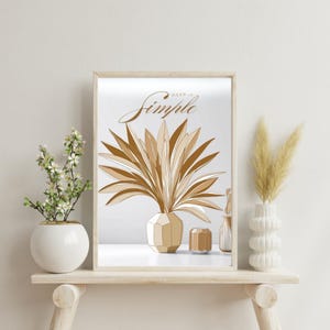 Lienzo "Manténlo simple", impresión neutra moderna, decoración minimalista dorada, póster de planta boho, ilustración de jarrón abstracto, cita de simplicidad elegante