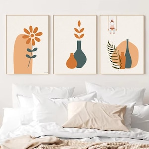 Conjunto de arte de pared bohemio, póster de jarrón minimalista, impresiones abstractas de terracota, decoración del hogar escandinava, arte de pared floral moderno, conjunto de arte en tonos tierra