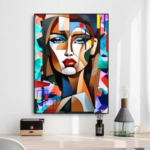 May include: Abstract cubist style painting of a woman's face with geometric shapes in shades of blue, red, green, yellow, and white.