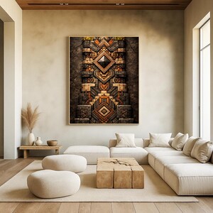 May include: A framed artwork with a geometric design in shades of brown, grey, and orange hangs above a cream-coloured sectional sofa. The living room features a wooden coffee table, ottomans, and a neutral colour palette.