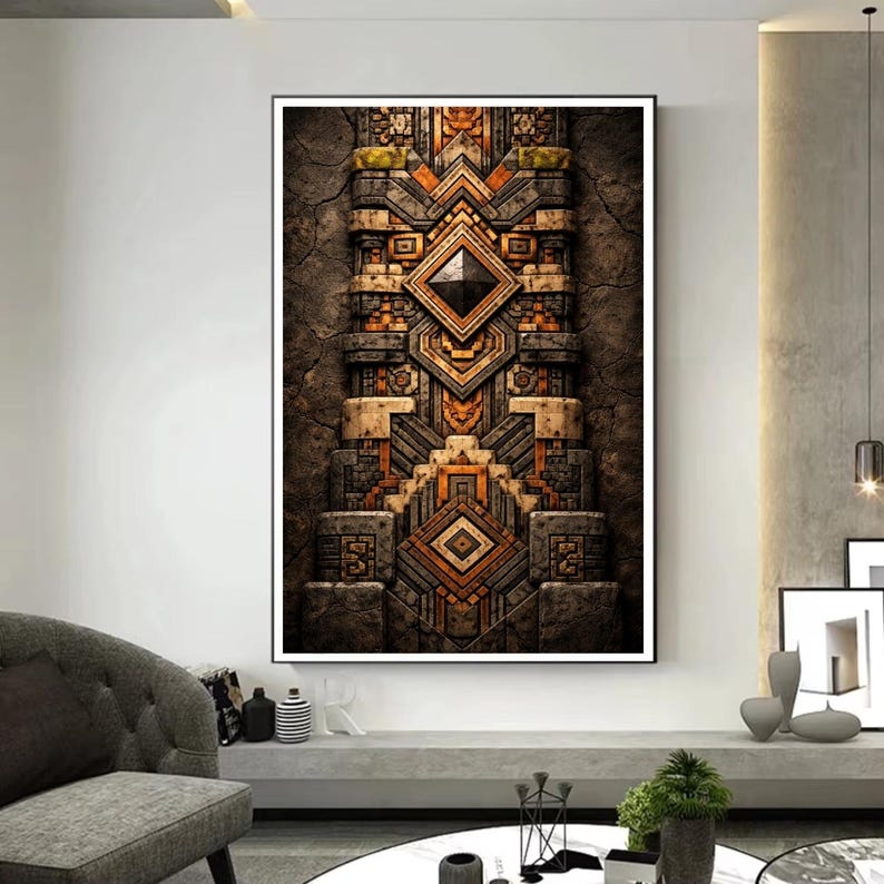 May include: A framed abstract art print with a detailed geometric design in brown, grey, and orange. The artwork has a textured appearance, with a central diamond shape and layered patterns.
