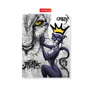 Purple panther inspired by the pink panther, Graffiti canvas, street art wall art, lion Graffiti poster, Urban jungle wall art
