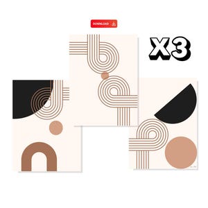 Peut inclure: Ensemble de trois impressions d'art abstrait avec des formes géométriques en noir, marron et beige sur fond blanc. Les impressions présentent des lignes courbes et des cercles.