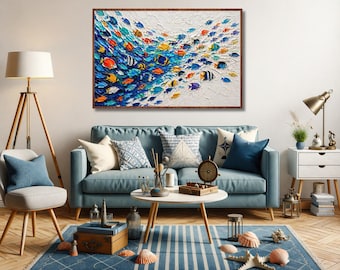 Downloadable PNG digital file of an ocean artwork depicting a majestic dance of tropical fish