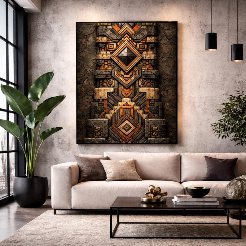 May include: A framed artwork featuring a detailed geometric design in brown, grey, and orange hues. The artwork is mounted on a textured, dark background. It hangs above a cream sofa in a modern living room setting, with a large plant.