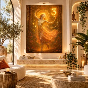 Peut inclure: Une impression d'art mural rectangulaire représentant une silhouette éthérée et lumineuse dansant dans une forêt. La figure est entourée d'une lumière dorée, de notes de musique et du chiffre 3. L'œuvre est exposée dans un intérieur chaleureux.