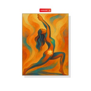 May include: An abstract painting of a person in a yoga pose, with arms raised. The figure is rendered in shades of teal and orange, with a golden flower symbol at the solar plexus. The background features flowing orange and yellow patterns.