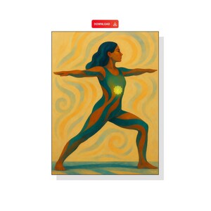 May include: A painting of a person in a yoga pose, wearing a teal and orange striped bodysuit. The background features swirling yellow and orange patterns. The person has dark blue hair and is in a warrior pose.