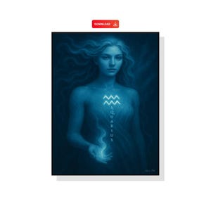 aquarius goddess art, divine feminine aquarius, zodiac woman print, air sign artwork, astrology aquarius decor, celestial aquarius canvas,