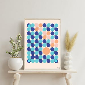 Arte mural geométrico, impresión abstracta retro, póster escandinavo moderno, impresión colorida de mediados de siglo, decoración con patrón moderno, arte mural azul anaranjado.
