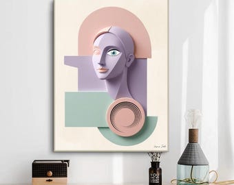 stampa astratta di donna, ritratto geometrico femminile, arte del viso cubista pastello, opera d'arte digitale moderna in 3D, poster astratto femminile