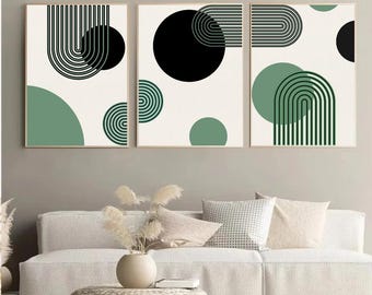 arte murale astratta geometrica, trittico minimalista su tela, arredamento moderno verde e nero, set di arte murale scandinava, opera d'arte moderna di metà secolo