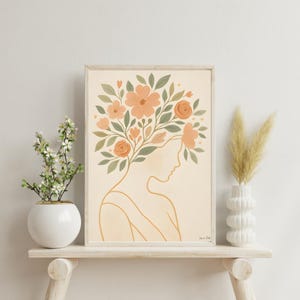 floral line art print, boho woman wall decor, minimalist flower head poster, feminine silhouette illustration, botanical art print