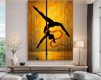 Downloadable PNG digital file of a pole dancer dancing in an abstract, golden natural setting