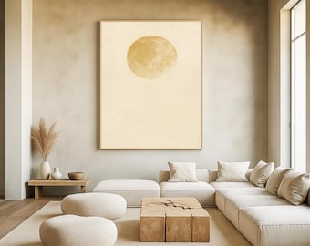 Downloadable PNG digital file of an abstract golden moon on a minimalist beige background