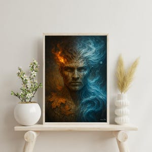 Duales Gott-Kunstwerk, Feuer- und Eisgottheit, Herbst-Winter-Übergangskunst, elementarer Fusionsdruck, mythologisches gespaltenes Gesicht, heiliges maskulines Poster