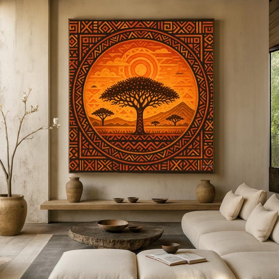 Ankara Wax Tribal Painting - Afro Art, Adinkra Symbols, Ethnic