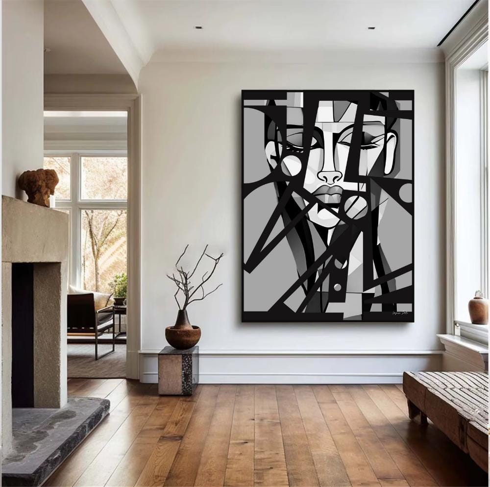 Black and White Cubist Poster, Abstract Woman Painting, Geometric