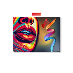 Peut inclure: Une peinture abstraite colorée représentant un gros plan sur les lèvres d'une femme avec une couleur rouge vibrante. L'arrière-plan présente un coup de pinceau aux couleurs de l'arc-en-ciel avec le mot "Art" en lettres rouges.