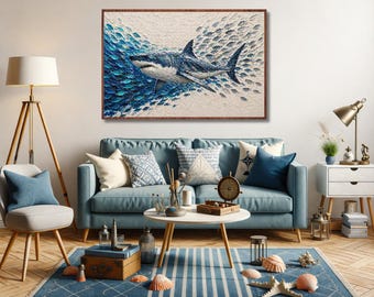 Downloadable PNG digital file of an ocean artwork depicting a majestic great white shark surrounded by fish