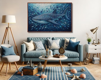 Downloadable PNG digital file of an ocean artwork depicting a majestic whale shark surrounded by fish