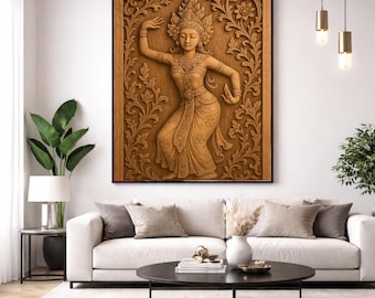 apsara wall art - cambodian dancer Poster, thai goddess wall decor, balinese sculpture home decor, asian canvas, wooden bas relief art print