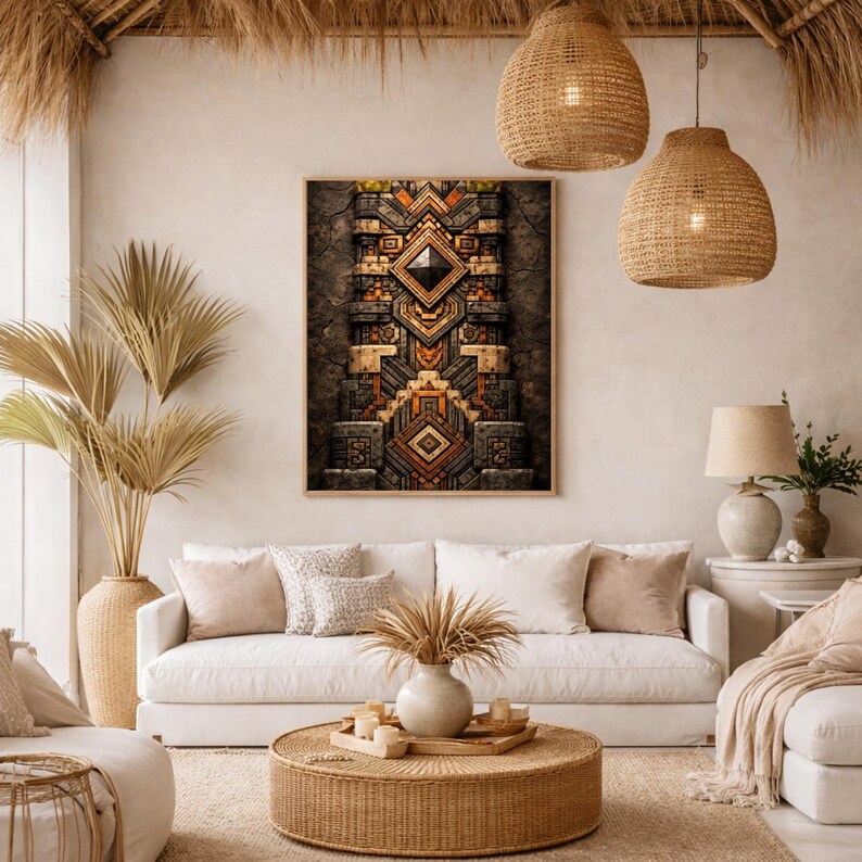 May include: A framed artwork with a geometric design in shades of brown, orange, and grey hangs above a white sofa. The room features a woven coffee table, decorative lamps, and hanging woven light fixtures, creating a warm, inviting atmosphere. The decor has a bohemian theme.