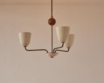 1950s Mid-Century Modern Brass Chandelier | Mid Century Wooden Ball 3 Arms Italian Modern Ceiling Pendant | Stilnovo Brass Ceiling Fixture