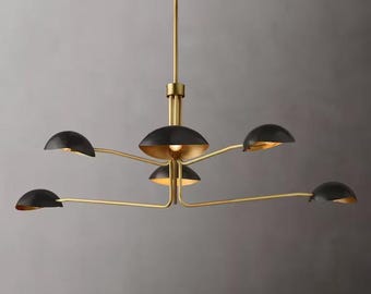 Mid Century Antique Brass Black Light Sputnik Italian Ceiling Handmade Chandelier 2 Tier Curved Arms Starburst Light Fixture,
