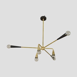 Modern Brass Sputnik Chandelier with 6-Light Cone Shades - Stilnovo Style Modern Brass Chandelier - Ceiling Fixture