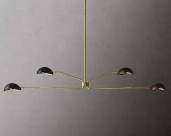 1950&#39;s Mid Century Antique Brass Black Orb Sputnik Italian Ceiling Vintage Chandelier 2 Tier Curved 4 Arms Starburst Light Fixture,