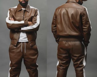 Genuine Men Lambskin PU Leather Track Suit Sweat Men Jogging Tracksuit Brown & White