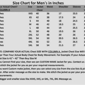 May include: Size chart for jackets, in inches, with chest, waist, shoulder, and sleeve measurements. Includes sizes from XXS to 5XL, with corresponding jacket measurements. Also includes notes on sizing and custom jacket options.